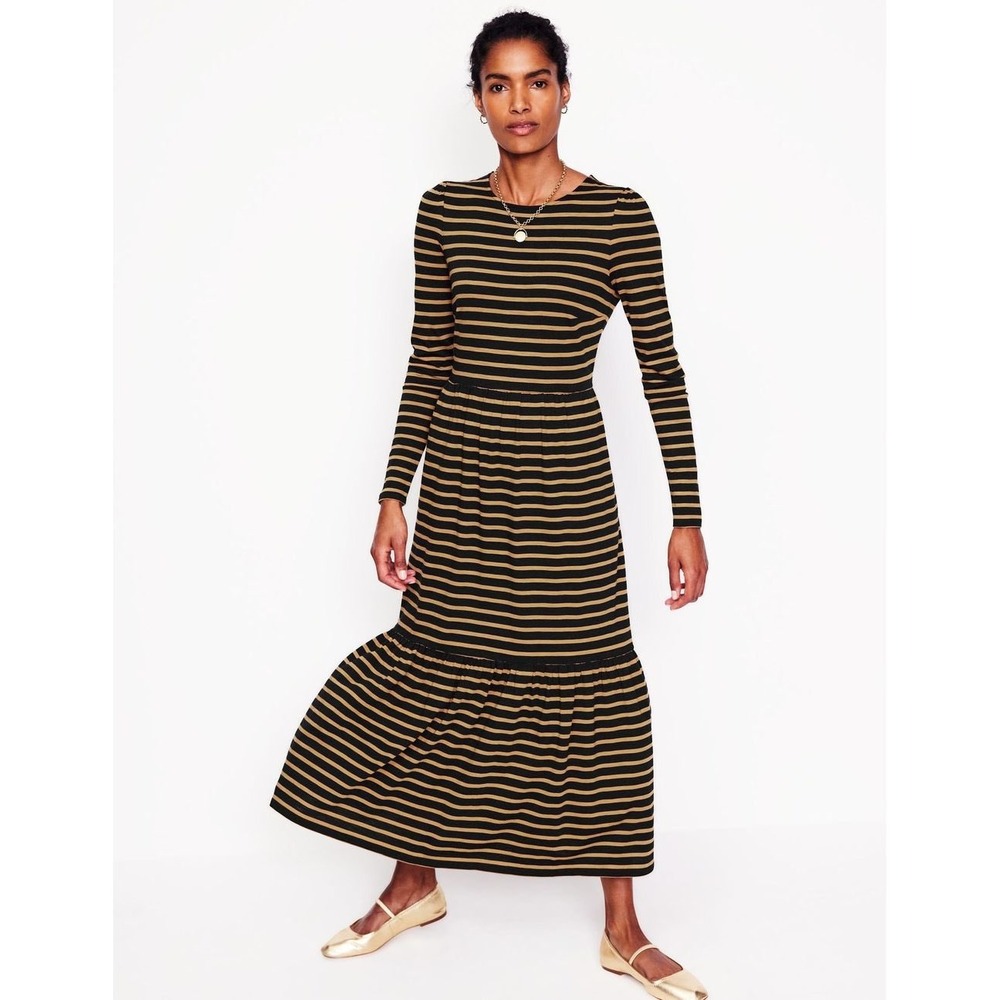 Boden Emma Striped Long Sleeve Jersey Maxi Dress Camel Black 4P